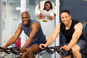 fitness guys biking in gym